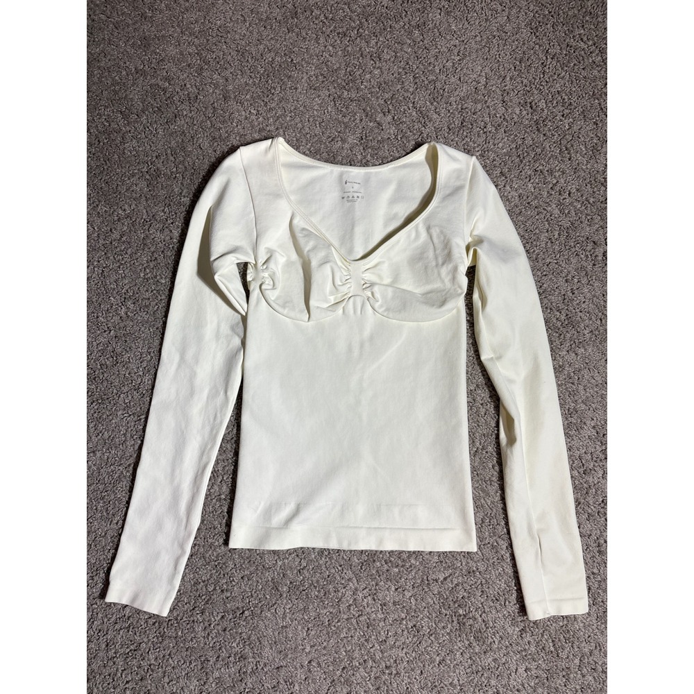 Feelingirl Cream Ruched Sweetheart Long Sleeve Top Small Seamless Bodycon Shirt
